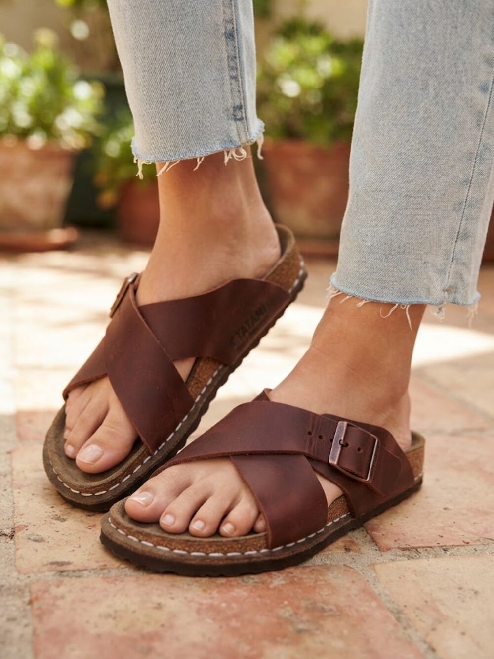 Birkenstock By Tatami Brown Leather Cross Strap Buckle Sandals Women’s Size 37